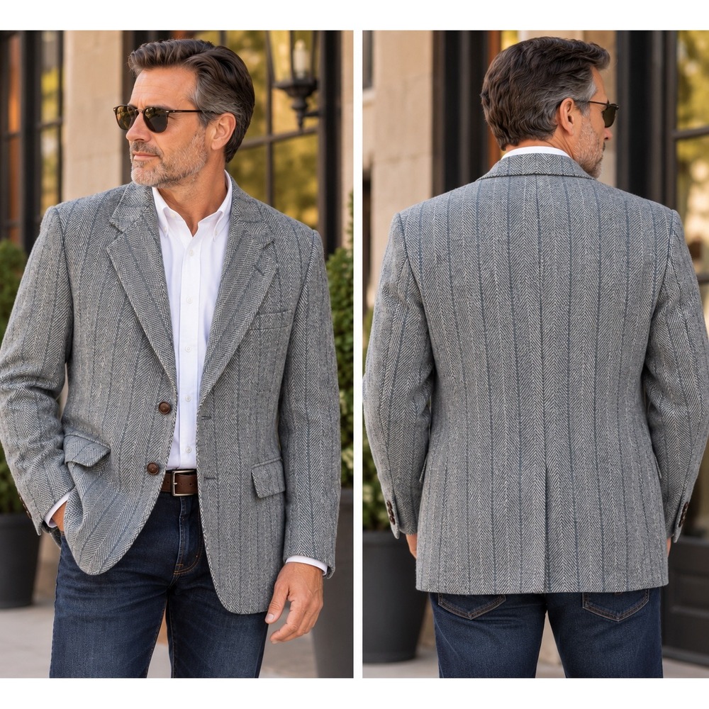 Vintage Harris Tweed Gray Herringbone 100% Scottish Wool Men's Blazer Sport Coat